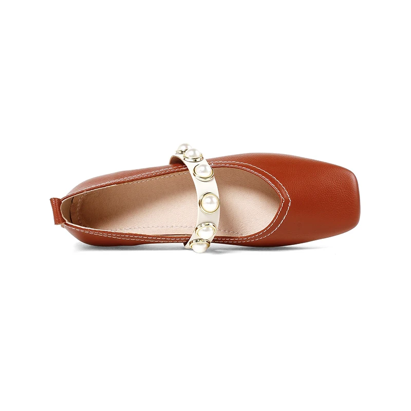 ISNOM Genuine Leather Pearl Strap Women Flats Square toe Ladies Flat Shoes Casual Dress Woman Footwear Girls | Обувь