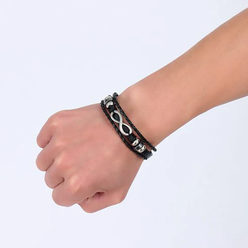 OMONDE Мужской 20 см черный из натуральной кожи веревочный браслет цепи Hematite бусы