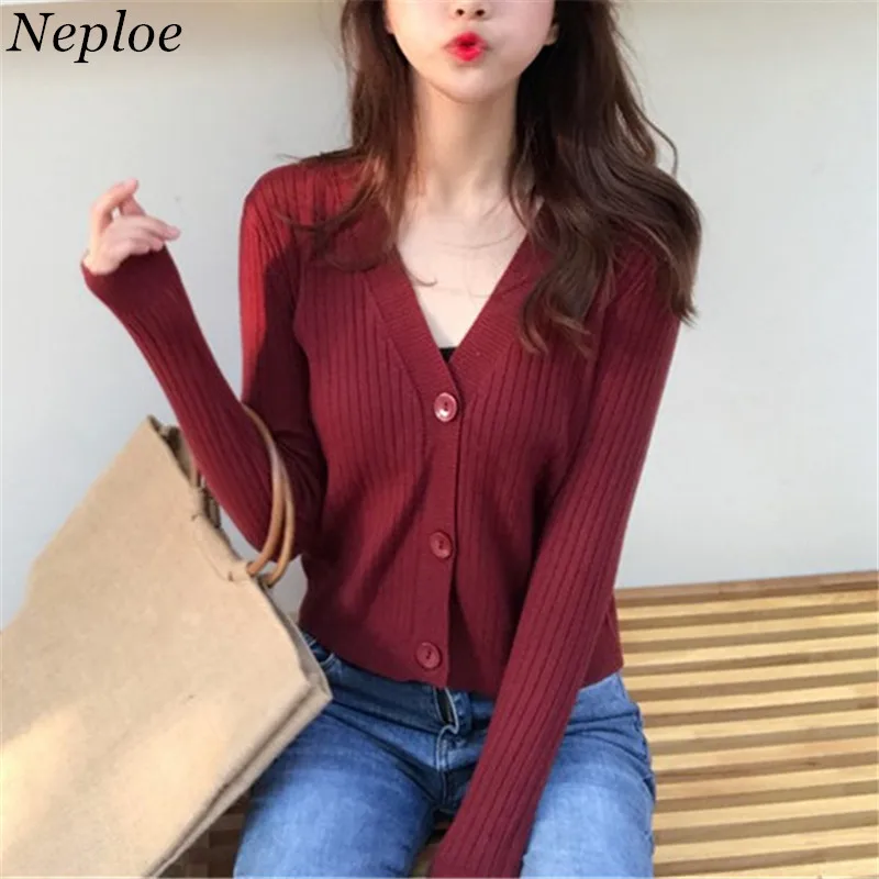 Neploe 2019 New Autumn Solid Chaqueta Mujer Long Sleeve V-neck Knitwear Single Breasted Slim Office Lady Short Cardigan 67866 |