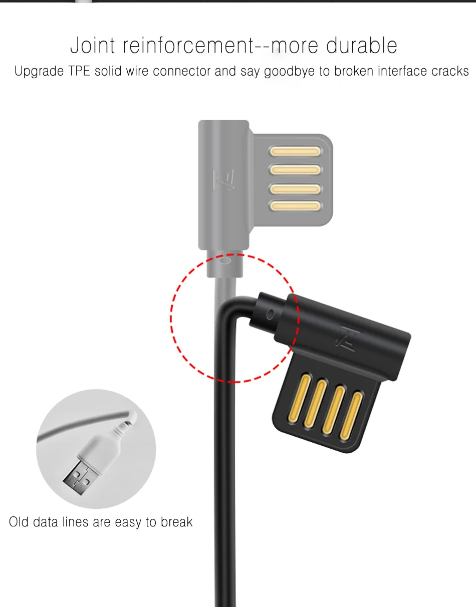 Remax 90 градусов Dual-side 1 8 м 2 micro usb Дата-кабель TPE L изгиб 2.1A Быстрая зарядка игровой