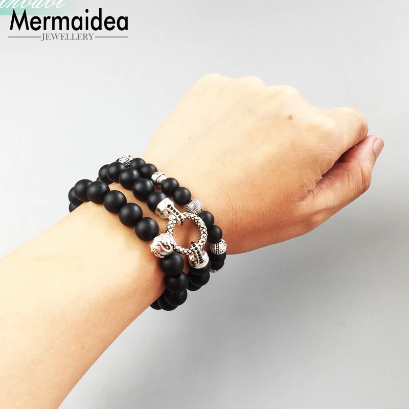 Black Dragon Beads Obsidian Heart Matted Bracelet Rebel silver plated Jewelry Gift For Men | Украшения и аксессуары