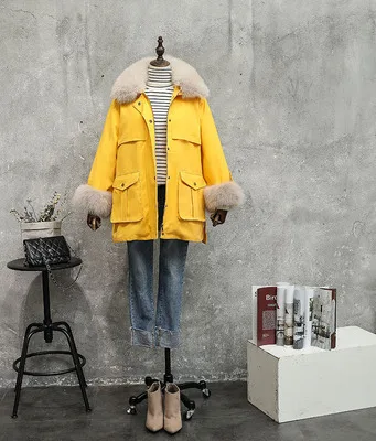yellow down coat Натуральный Лисий мех воротник и lsleeve пуховик для женщин Зимний khai желтый красный бежевый розовый черный зеленый длинный пуховик - Цвет: yellow down coat