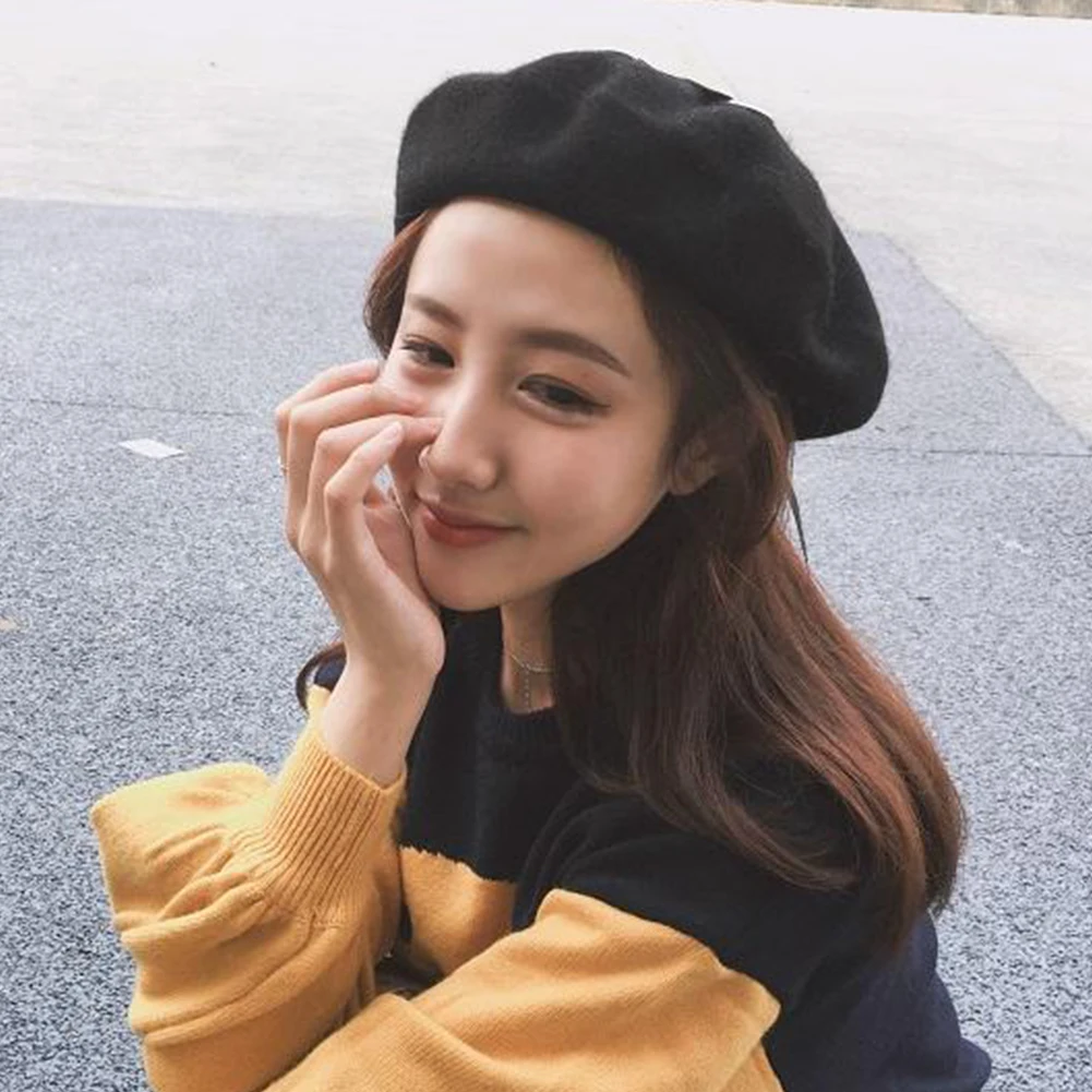 Шерсть шапки береты зимняя шапка теплая на шнуровке с бантом|Женские береты| |