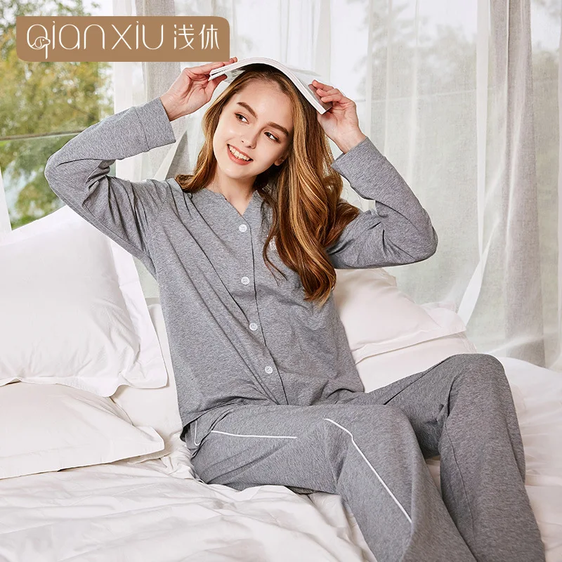 Conjunto de Pijama Nova Qianxiu Feminino Doce Rendas Emenda Cardigan Pijamas Algodão Casual Elasticidade Mulher Pijama Terno Femme