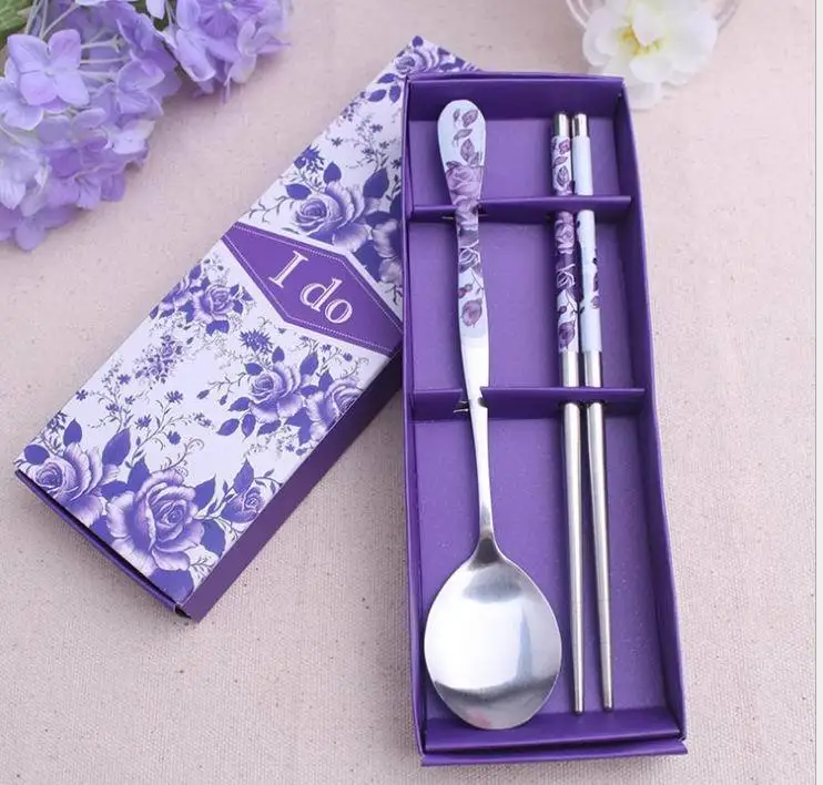 

Wholesale100sets/lot stainless steel Tableware Purple Flower spoon chopstick sets Wedding Favors Event Party Supplies