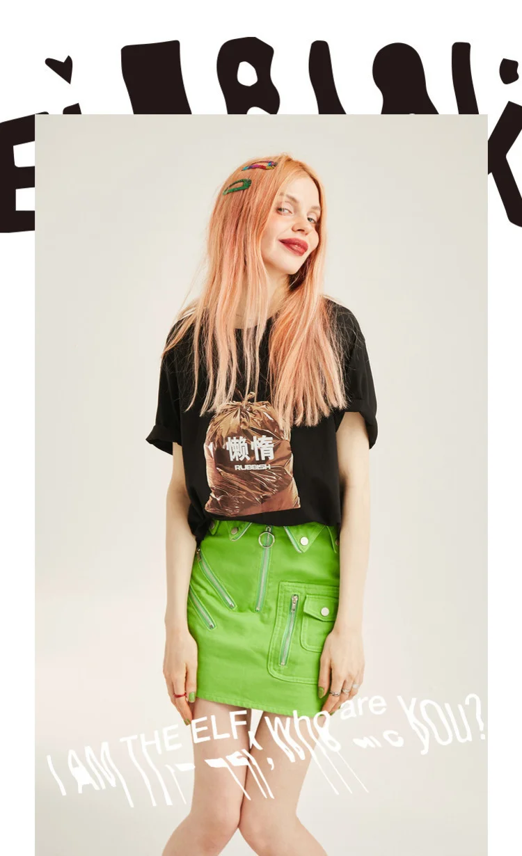ELF SACK/черные хлопковые женские футболки с круглым вырезом и принтом, модные корейские женские топы оверсайз, летняя Уличная Повседневная женская футболка