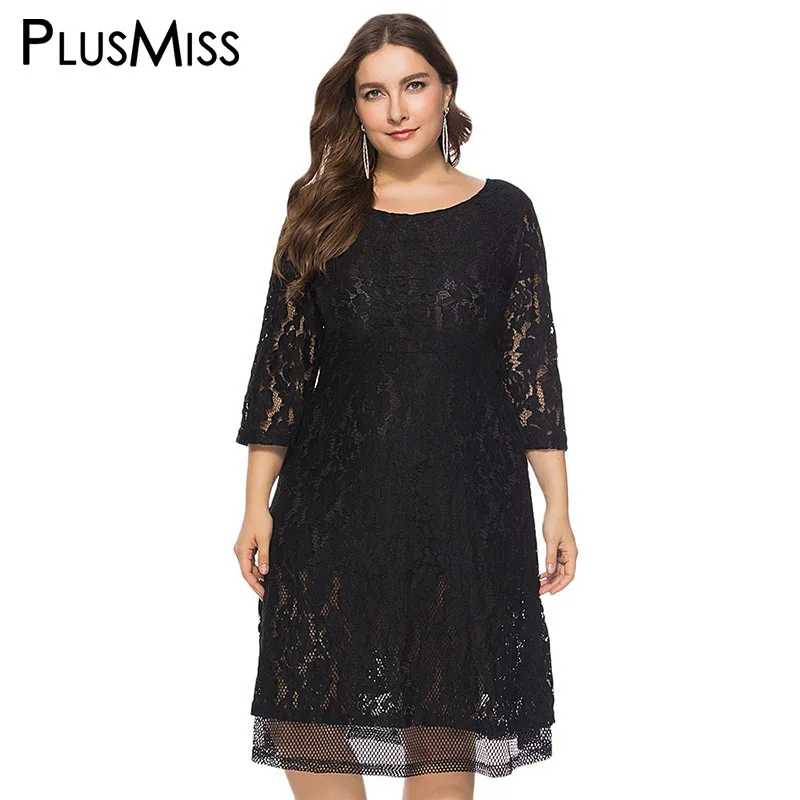 PlusMiss плюс размер 5XL XXXXL XXXL сексуальный черный вязаный кружевной Вечерние платья