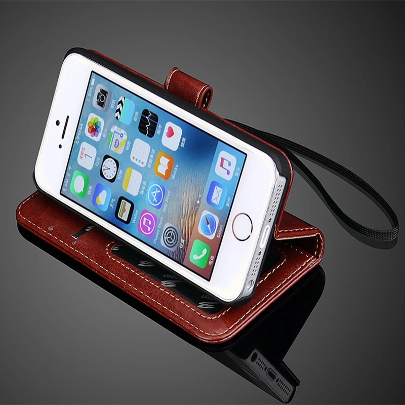 Высокое Качество Бизнес PU Кожаный Чехол для iPhone 5 5S Флип Браслет стенд Карточки