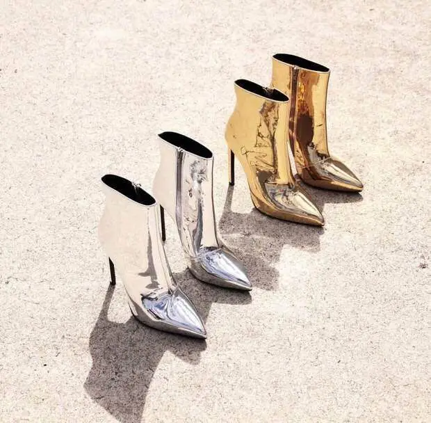 Fashion Women Thigh High Ankle Boots Matellic Mirror Leather Silver Pointed Toe Thin Heels Party Shoes |