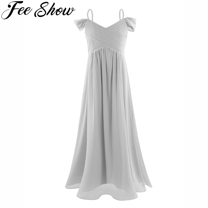 Детское Плиссированное шифоновое платье с цветами для девочек открытыми плечами