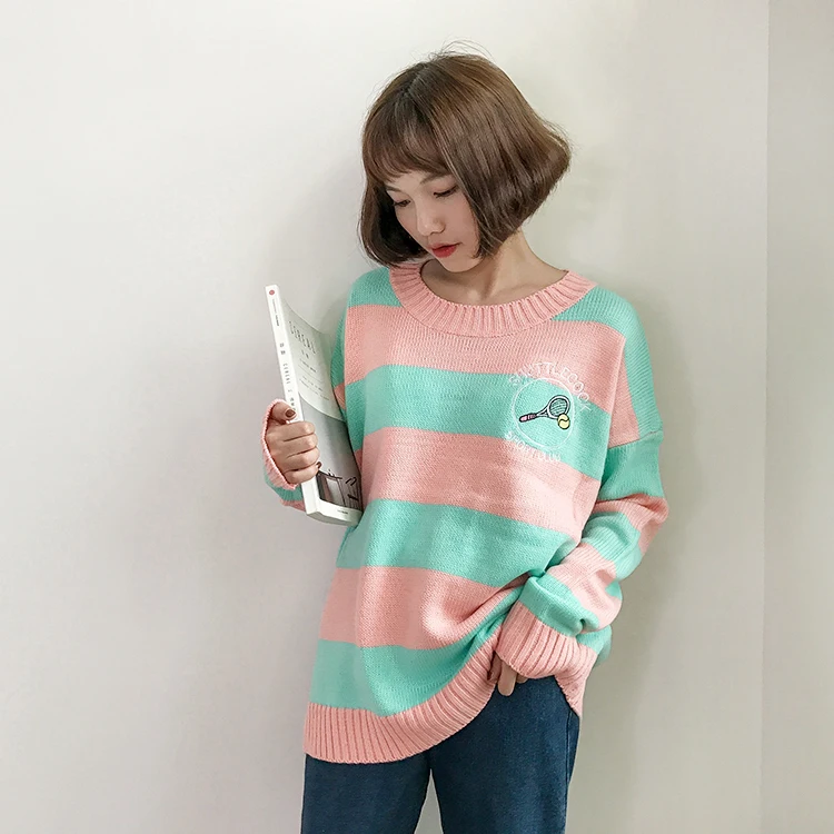 Женские свитера в Корейском стиле Harajuku Ulzzang, в полоску, с рисунком ракетки, свободный свитер, пуловер, женская одежда в стиле панк для женщин