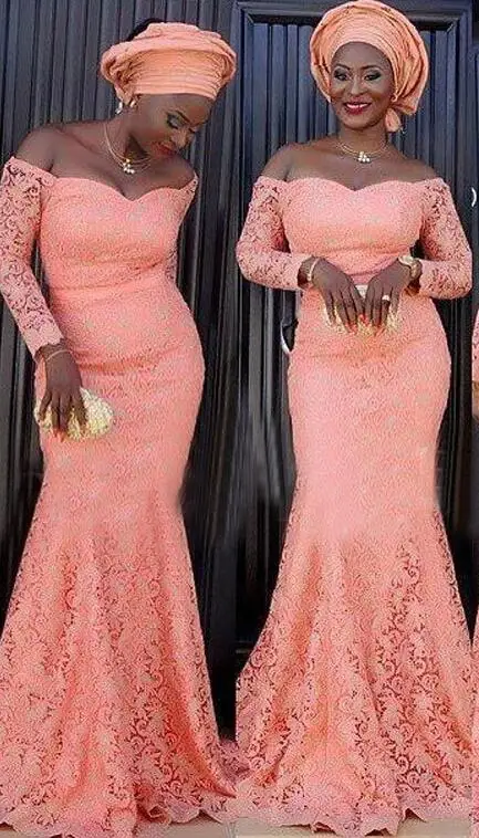 Розовый Aso Ebi стиль Русалка вечернее платье кружева с длинным рукавом нигерийские Выпускные вечерние платья размера плюс африканские женские вечерние платья - Цвет: Розовый