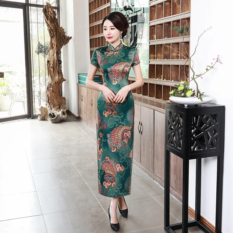 Китайский традиционный Cheongsam Для женщин шелковые платья Макси платье Леди