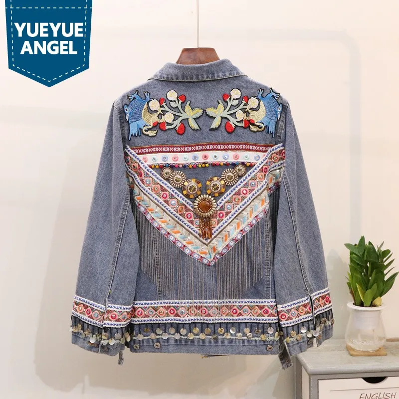 

Indie Folk Embroidery Patchwork Tassel Denim Coat Women Spring New Fashion Bf Style Loose Long Sleeve Jean Jacket Streetwear