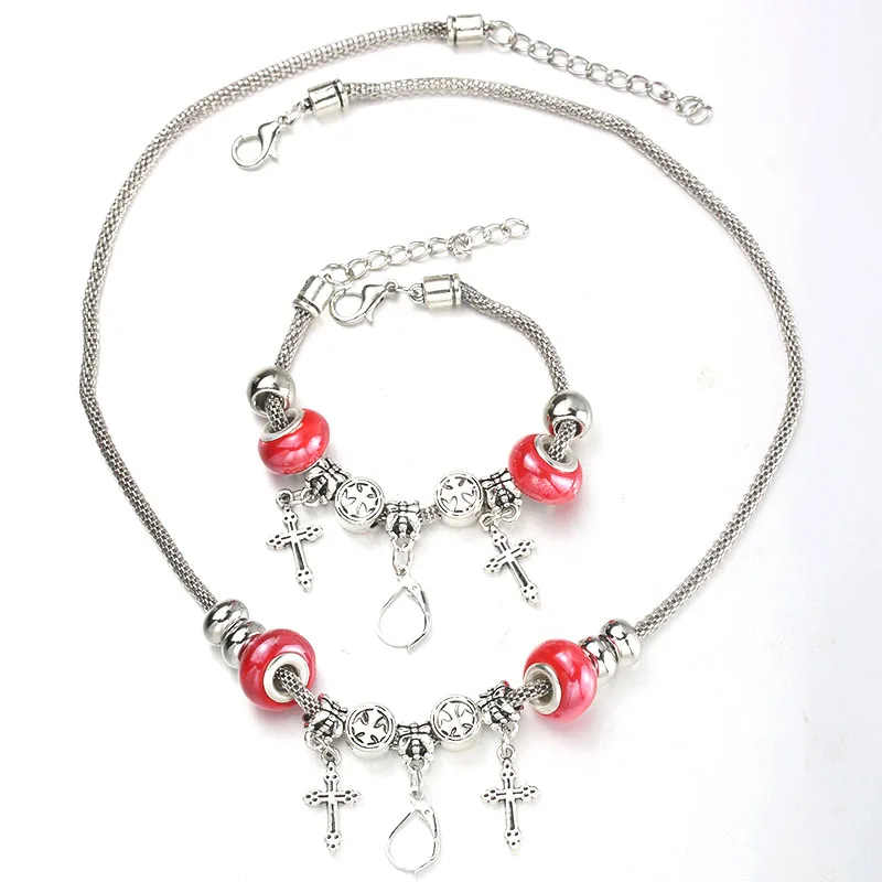 6 Colors Cross Necklace Bracelet Set Lobster Clasp Fine Red Bead Hollow Chain Beaded With Hook DIY Pendant Jewelry | Украшения и