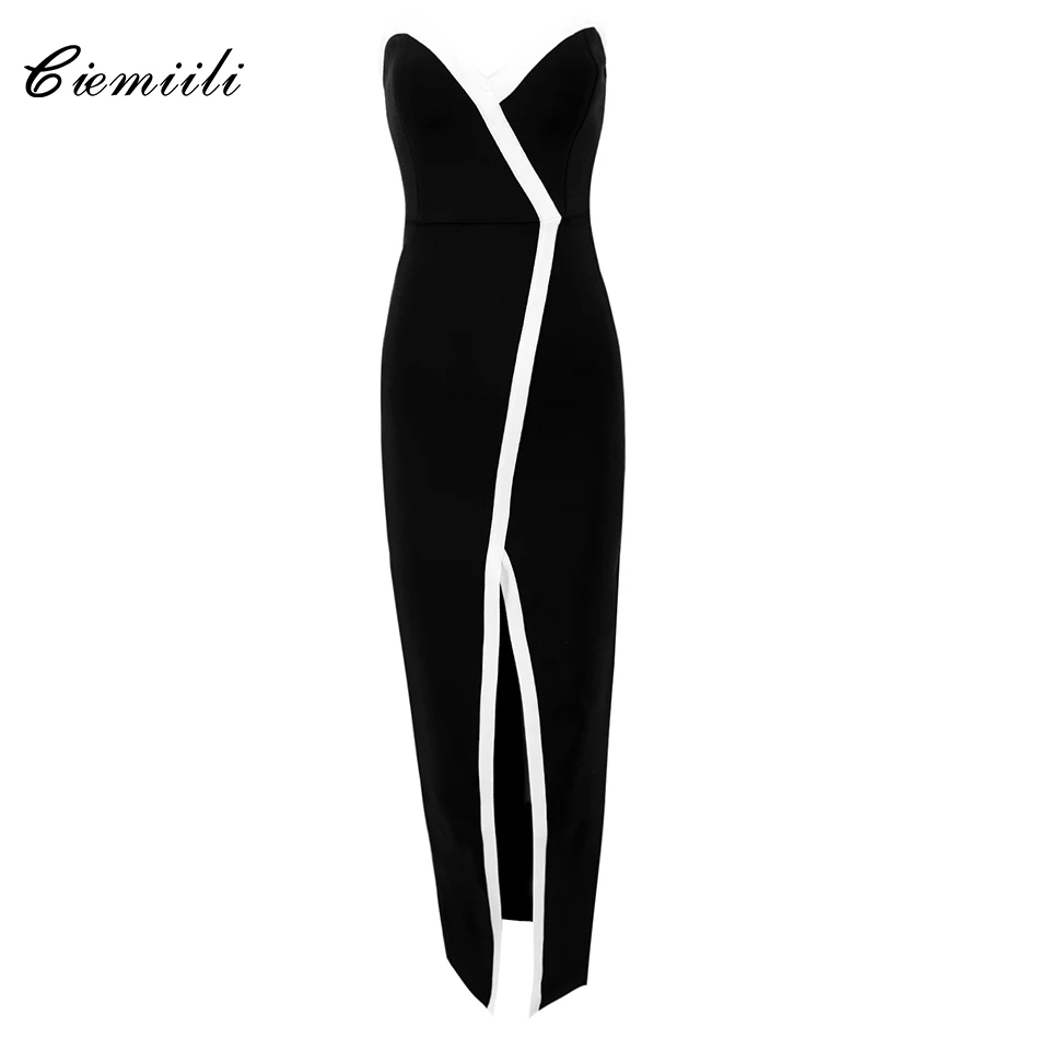 Женское платье без бретелек CIEMIILI черное/белое вечернее с высоким разрезом