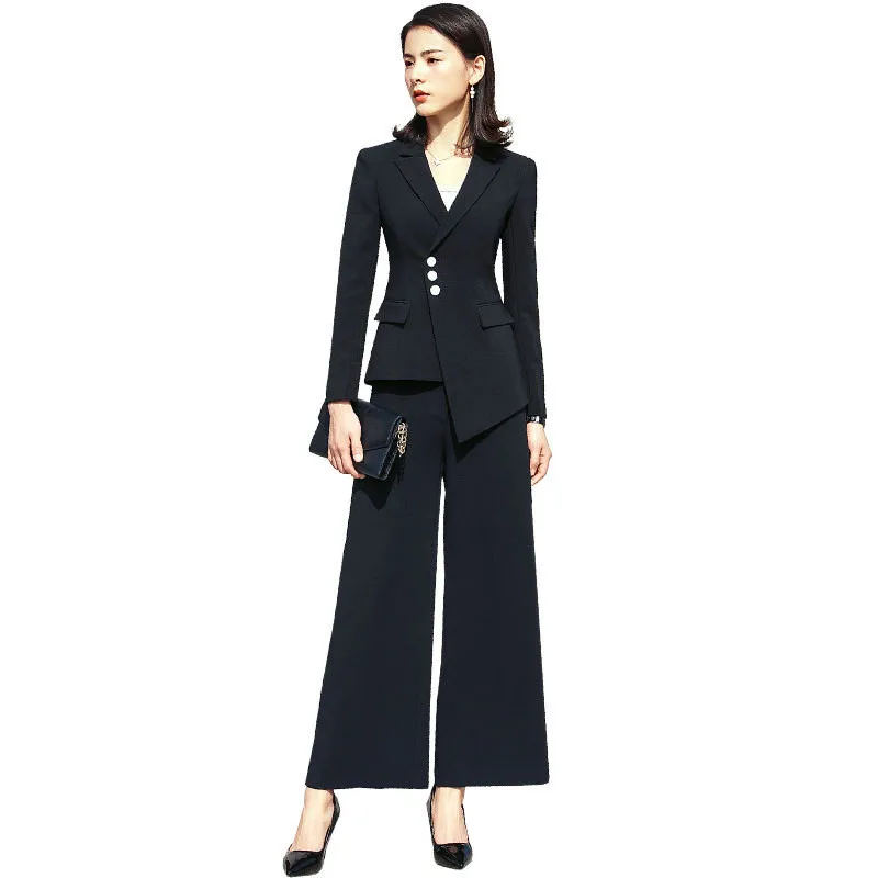 black wid leg pants Элегантный осенний брючный костюм, официальный брючный костюм, женский деловой Блейзер, Женский офисный брючный костюм, асимметричная белая форма, B134 - Цвет: black wid leg pants