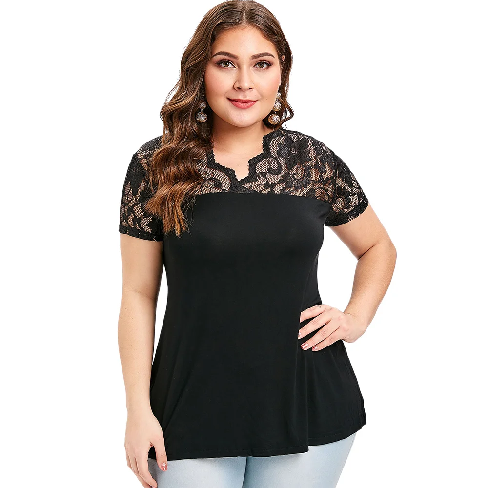 Женская блузка с коротким рукавом VESTLINDA черная кружевным вырезом Повседневная