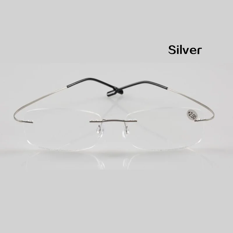 Silver Новинка, ультралегкие очки для чтения, для женщин и мужчин, без оправы, для дальнозоркости, прямоугольные очки, модные, унисекс, диоптрий+ от 1,0 до+ 4,0 - Цвет оправы: Silver