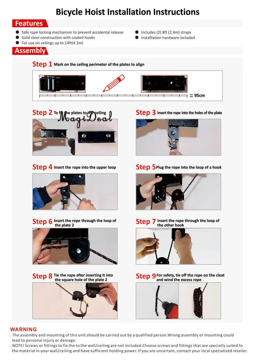 MagiDeal каяк/каноэ/велосипед/Лестница подъемник и подъемный шкив системы для хранения в магазине или гараже-100 фунтов. Емкость