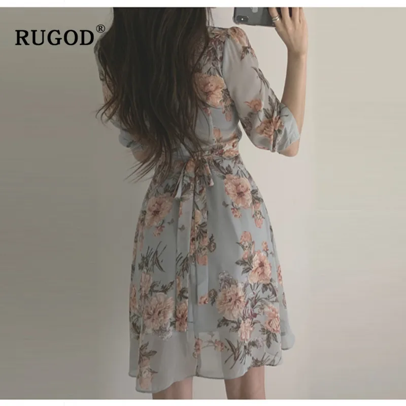 RUGOD корейское шифоновое женское платье с цветочным принтом, модное женское платье с рукавом-фонариком на шнуровке, vestidos, летние платья с оборками