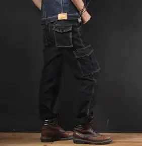 black jean pants Мужские джинсовые прямые брюки с несколькими карманами, пэчворк, плюс размер, джинсы, модные Свободные повседневные винтажные джинсы, мужские зимние теплые A3264 - Цвет: black jean pants