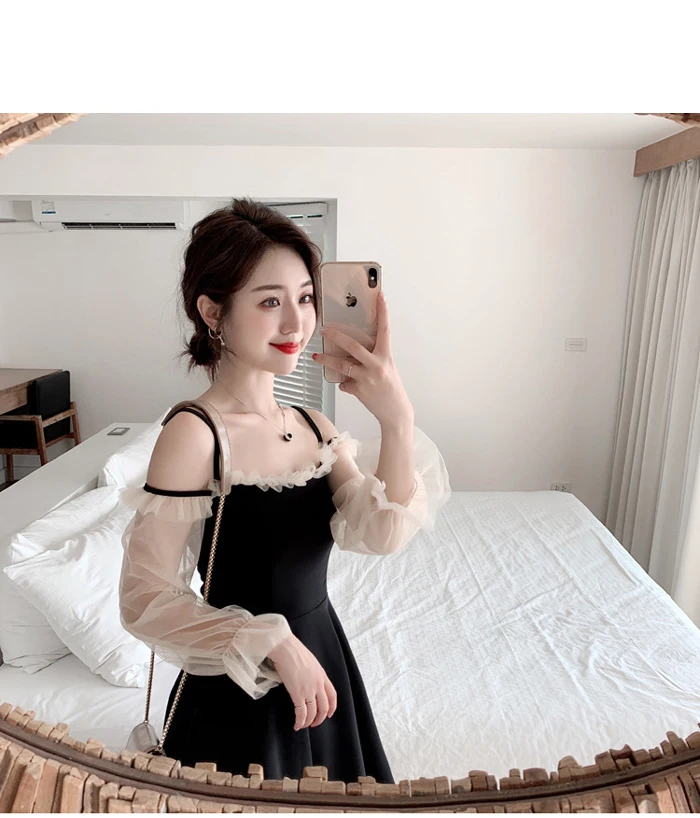 Женское платье с рукавами фонариками черное повседневное облегающее Сетчатое А