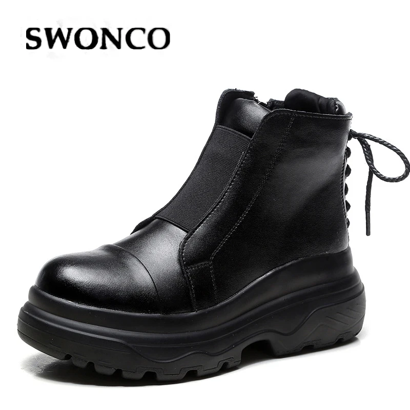 Женские кроссовки на меху SWONCO черные теплые платформе ботильоны зиму 2019 | Обувь