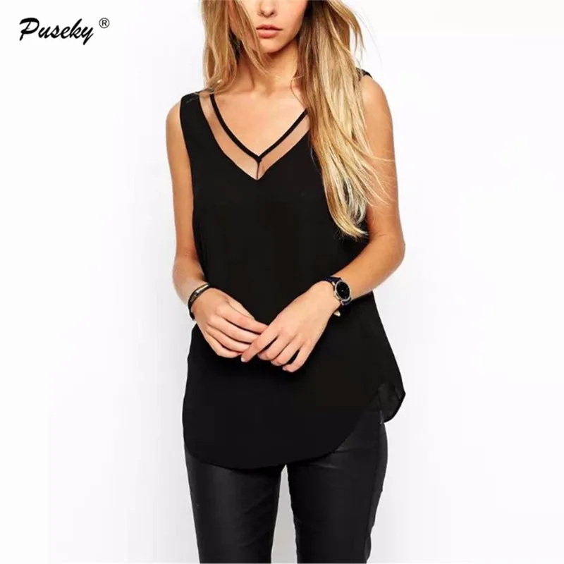Blusa! Женские топы Модные 2017 Летние шифоновые Повседневные без рукавов с глубоким v