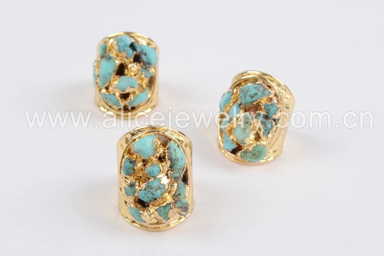 BOROSA Модный Золотой Цвет Грубый натуральная бирюза фишки кольцо, модные натуральные синие камни Друза ювелирные изделия вечерние кольца G1433