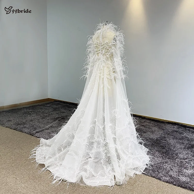 Yybride Новое Элегантное платье с перьями одежда с длинным рукавом закрытый ворот Бисероплетение платья на выпускной с кристаллами обувь, изготавливаемая на заказ вечерние платья с аппликацией