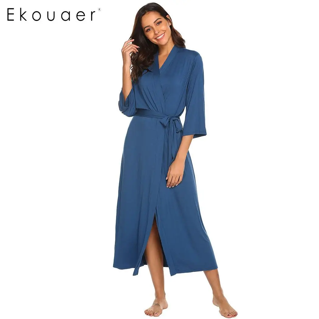 Navy Blue Ekouaer, длинный халат, халат, v-образный вырез, длинный рукав, ночная рубашка, халаты для женщин, одноцветные, повседневные, удобные, свободные халаты - Цвет: Navy Blue