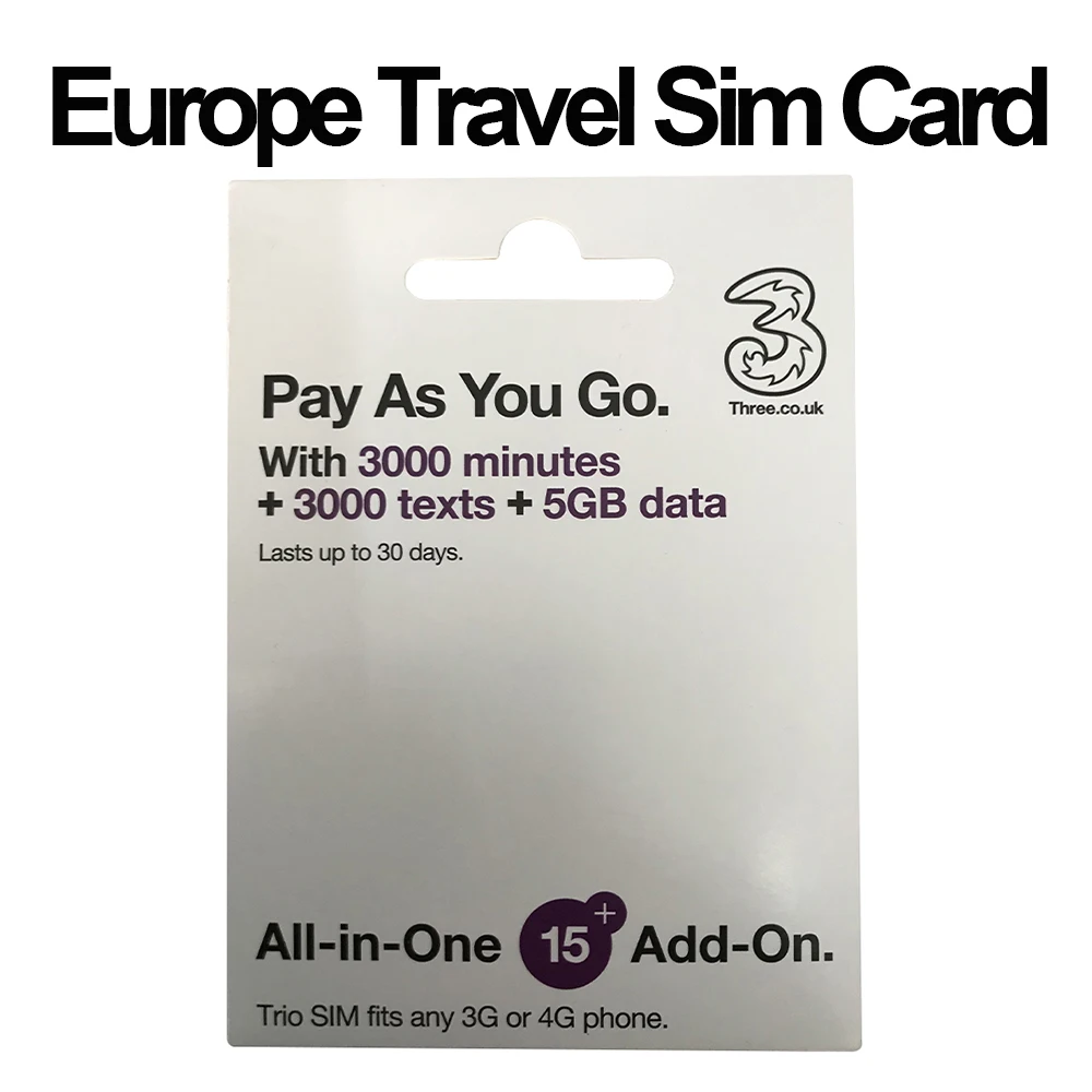 Mewfi Prepaid Europe Travel Sim Card 30 Days 5GB 4G Data+3000 Mins Call+Unlimited SMS Three Network Triple Mobile Phone |