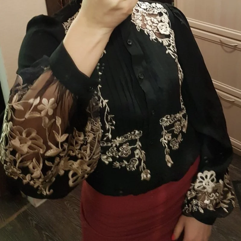 Miss FoFo элегантные блузки рубашки Коммерческая рабочая одежда цельная рубашка Повседневная рубашка с вышитыми цветами женская без нижнего белья