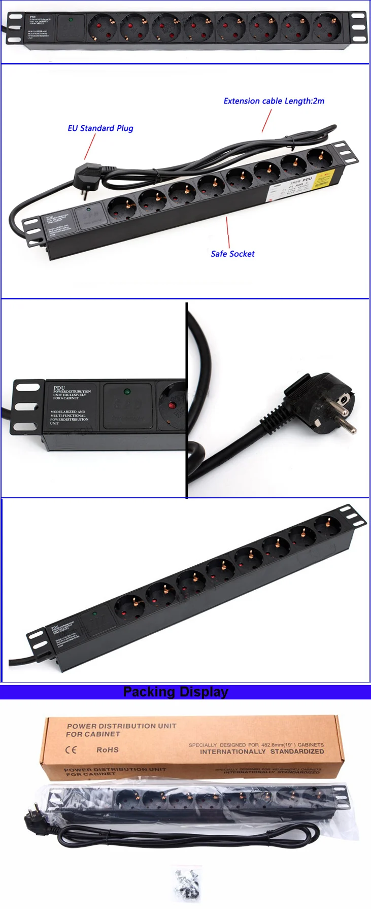 8way ЕС разъем розеток 1" 1U БРП розетка по Мощность зарядки разъем 16A 220 V-250 V с 2 м кабель-удлинитель для стены Панель разъем