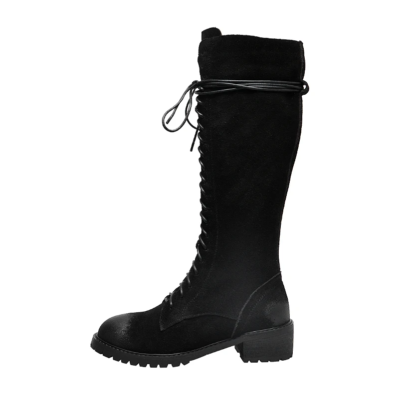 WETKISS Motorcycle Boots Women Thick Heels Boot Round Toe Croos Tied Shoes Female Cow Leather Shoes Ladies Autumn New