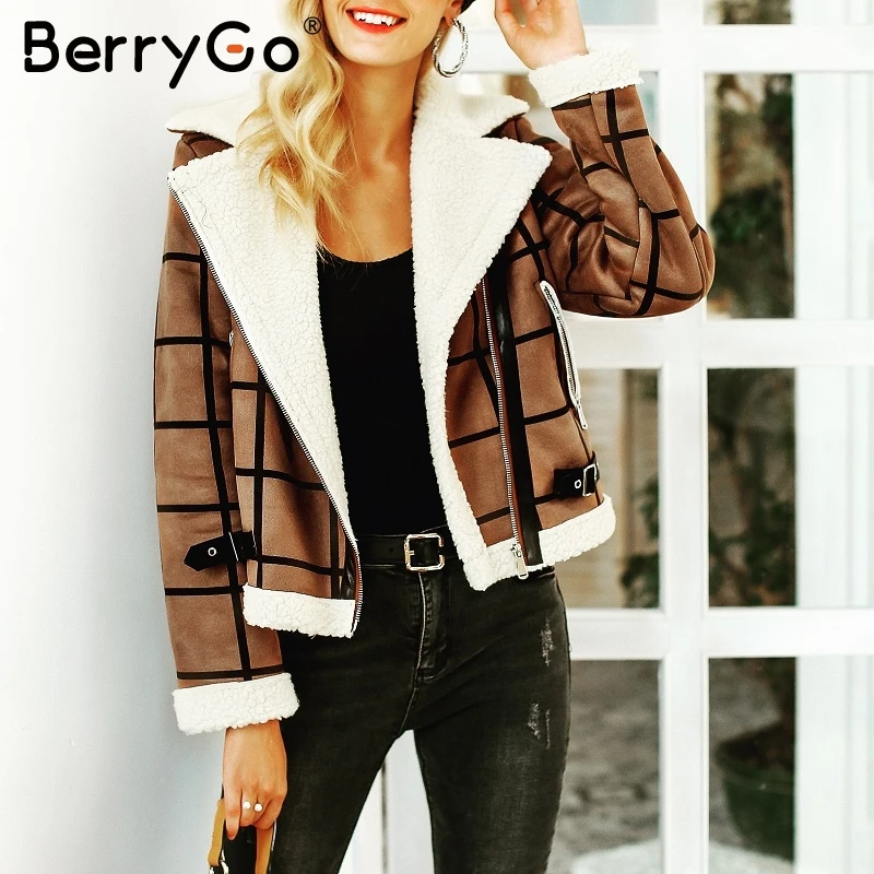 BerryGo клетчатая замшевая куртка из овечьего меха пальто винтажная уличная Женская