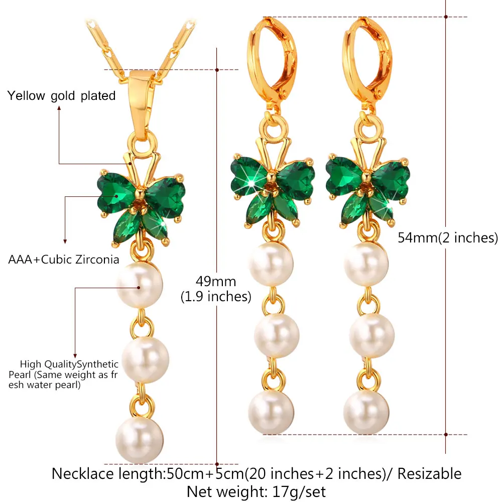 U7 Золотой/Серебряный Цвет Синтетический Жемчуг Ожерелье Серьги С зеленом Камнем