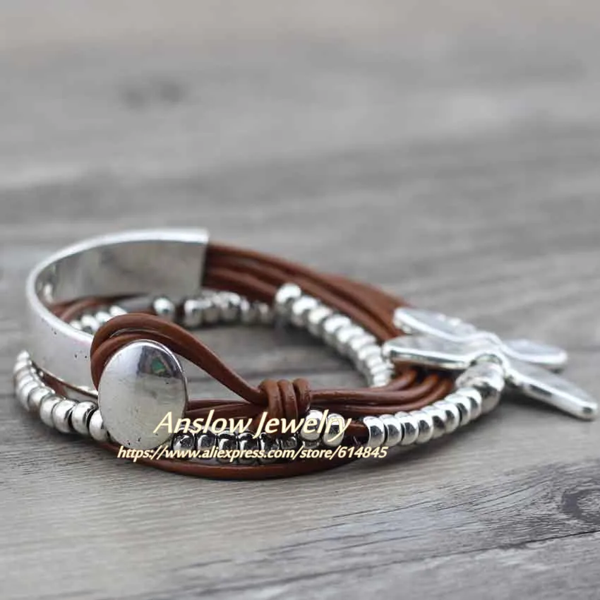 Женский кожаный браслет Anslow креативный дизайн обруч из цинкового сплава с