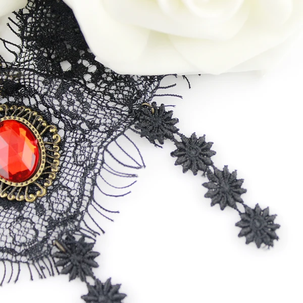 Gothic Style Punk Tattoo Choker Necklace Grunge Black Hollow out Lace with Red Rhinestone Decoration | Украшения и аксессуары