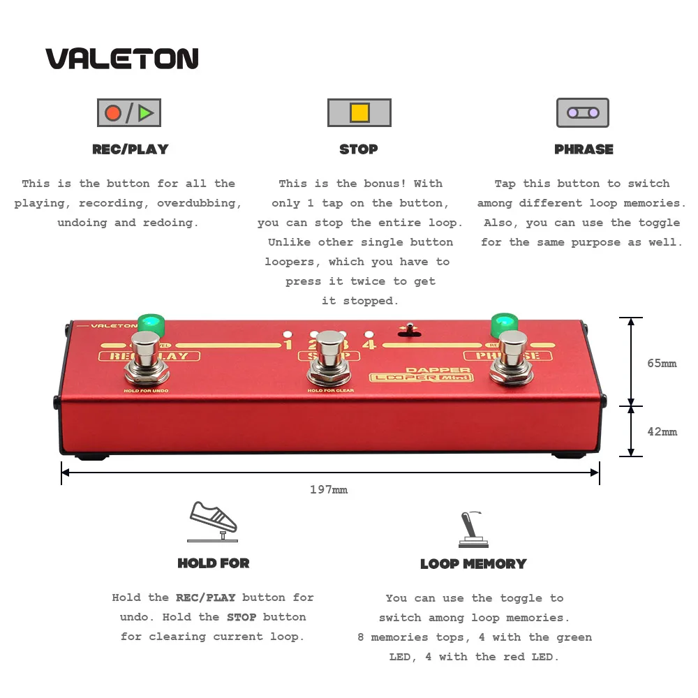 Valeton Looper гитарная педаль Dapper Looper Mini 3 Footswitch Кнопка петля станция 8 USB сохраняемая петля памяти