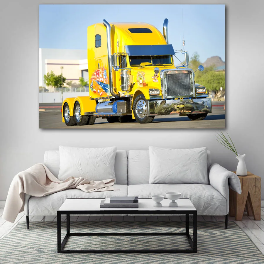 Плакаты и принты большой Риг желтая машина Freightliner грузовик настенная Картина на
