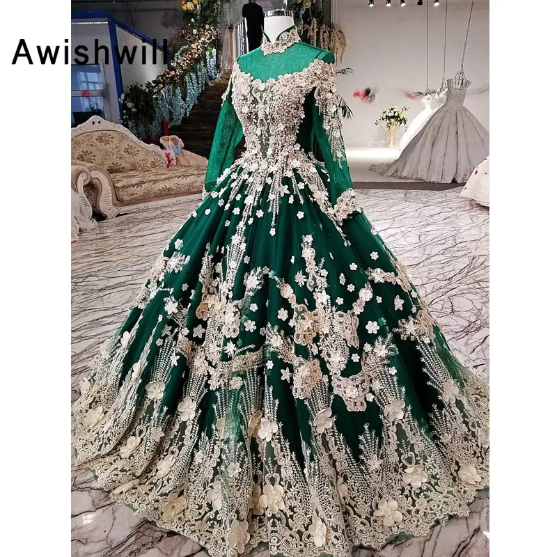 Real Photo Vestidos de Fiesta Flowers Appliques High Neck Arabic Evening Dress Long Sleeve Party Gown Dubai Prom Dress Elegant