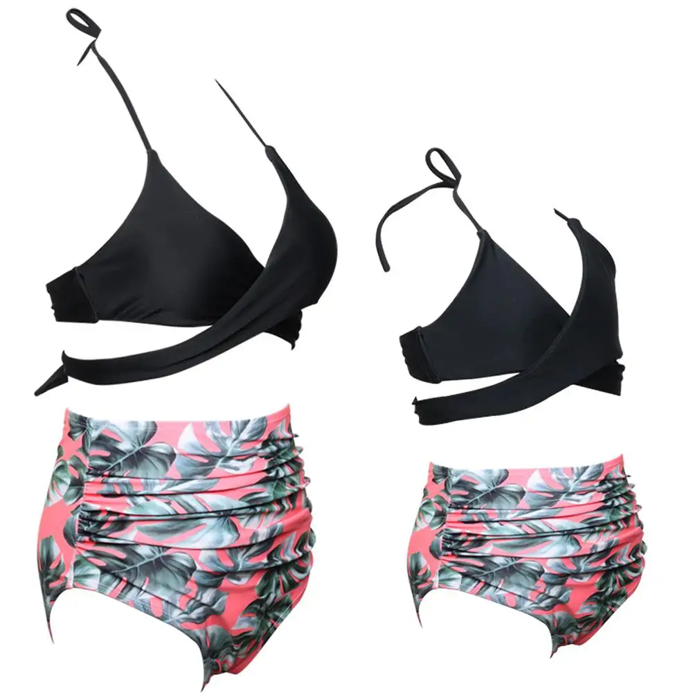 KIDLOVE Parent-child Swimwear Sling Bra High-waisted Shorts Bikini Set Bathing Suit Beach Wear Mother and Girls Swimming Clothes | Мать и