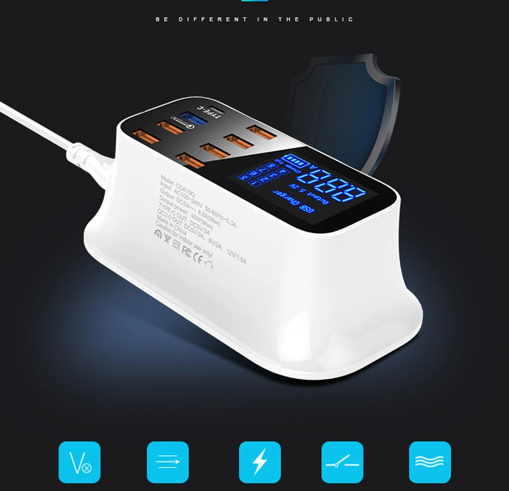 7 портов usb type C умное быстрое зарядное устройство 3,0 док-станция ЖК-дисплей адаптер питания розетка адаптер для iPhone 7 8 EU UK вилка