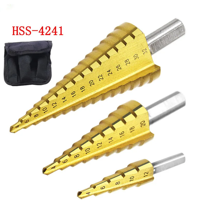3Pcs 4241 HSS titanium-plated triangular handle step drill 4-32 4-20 4-12 pagoda Core Drill Bit | Инструменты