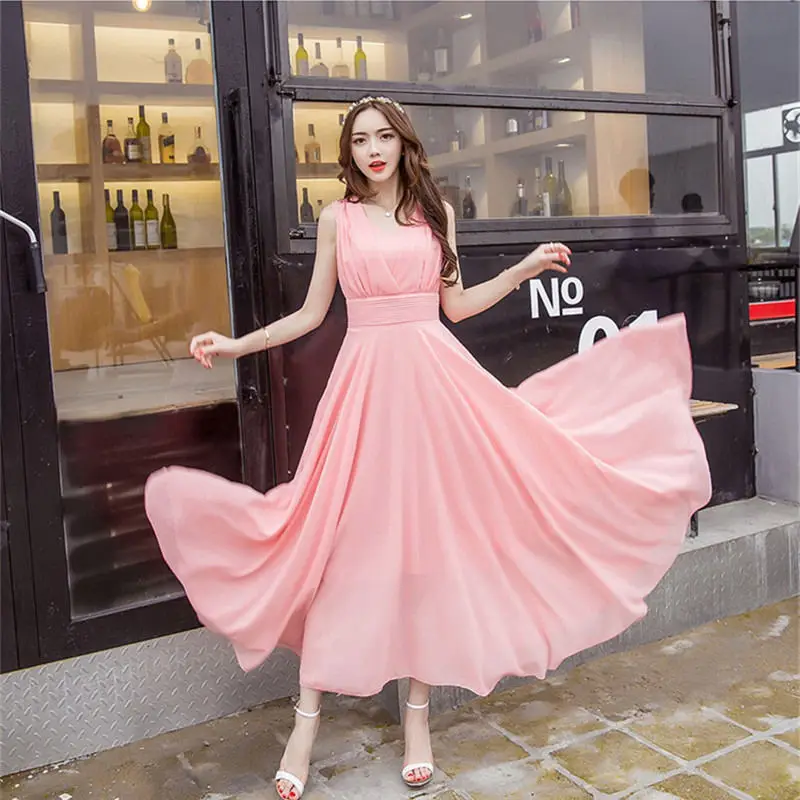 Розовое женское платье Vestidos, повседневное шифоновое длинное платье макси, элегантное пляжное вечернее платье большого размера, белая женская одежда Boho Q1120