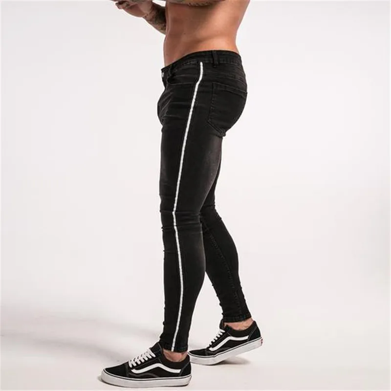 2019 мужские джинсы потертые ноги белые полосы деним черные брюки хип хоп