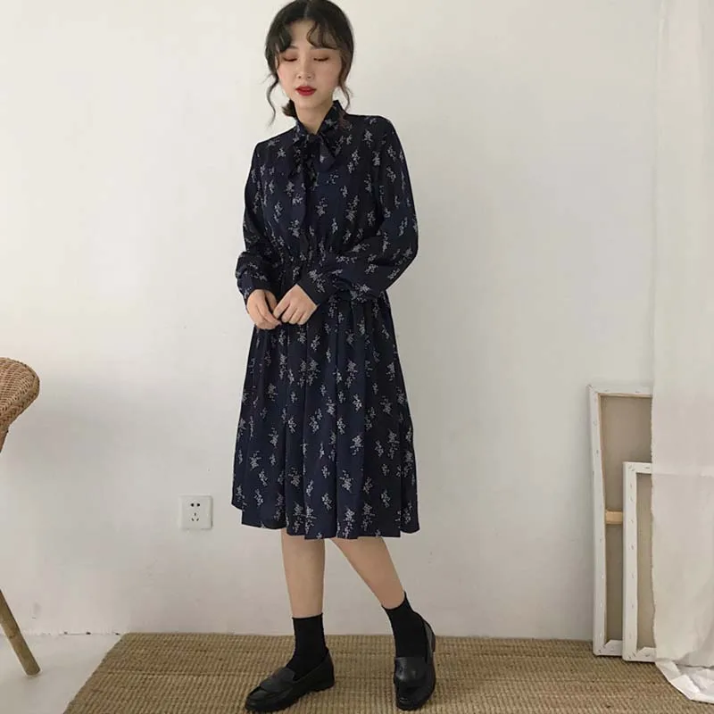 Женское свободное платье с бантом и принтом повседневные платья длинным рукавом