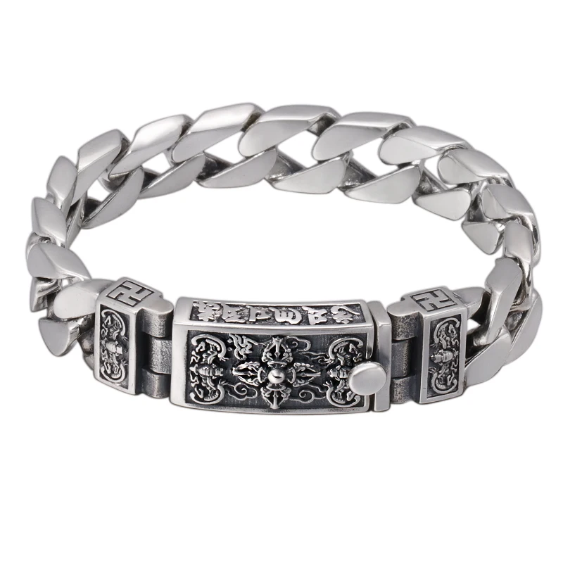 

925 Sterling Silver Chinese Style Vintage Bracelet for men personality Om mani padme hum Jin Gangchu Buckle Silver Chain